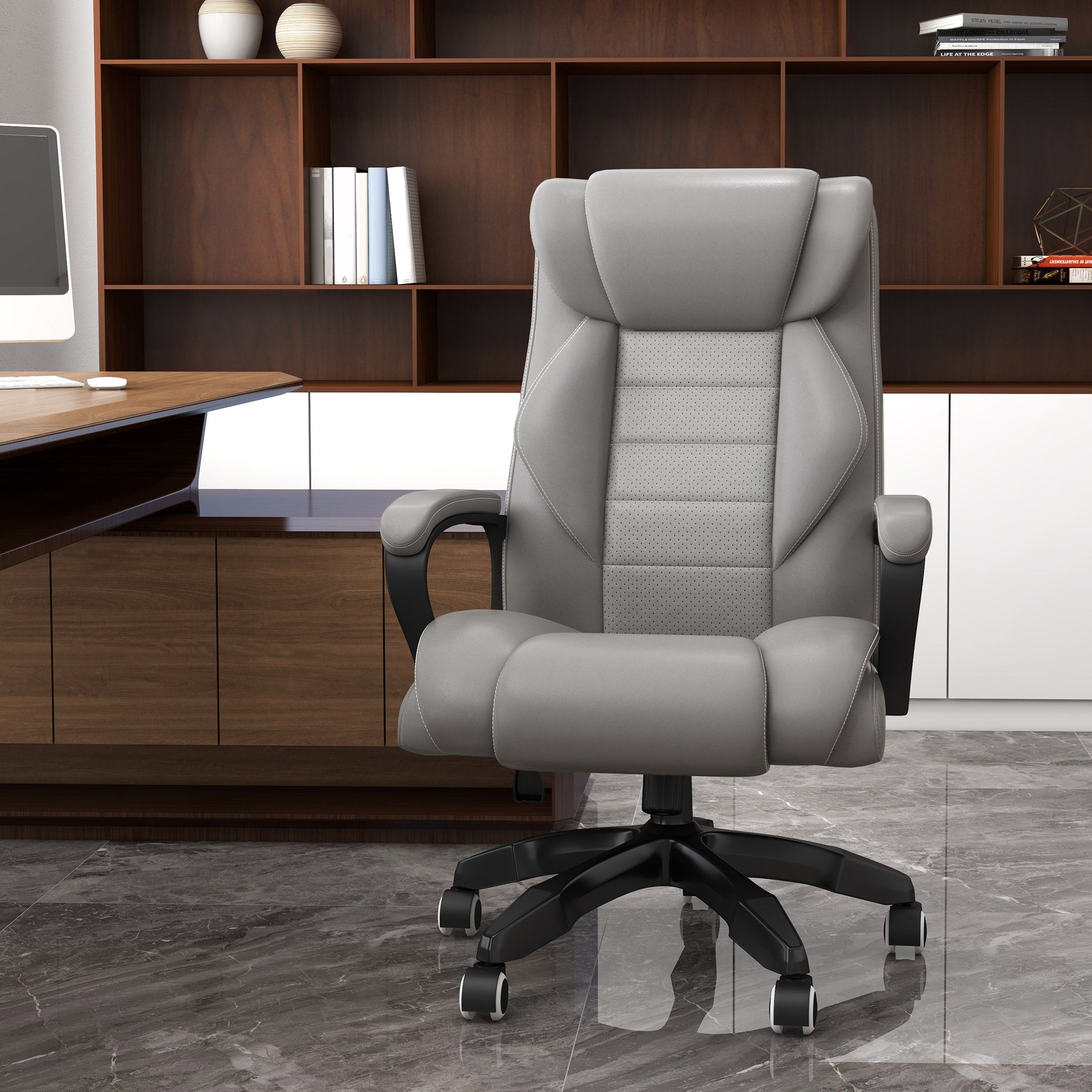 Vinsetto Office Chair with 6-Point Maaage and Back Heat, PU Desk Chair with Padded Seat and Armrest, Computer Chair with Tilt Function for Home, Grey